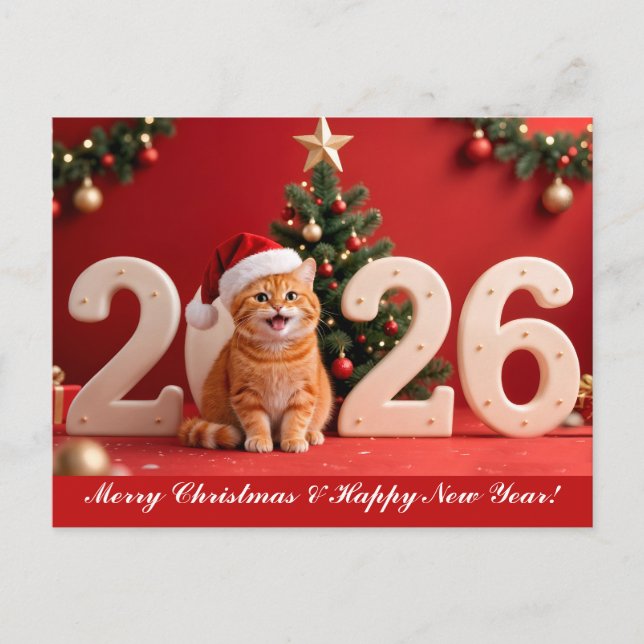 Carte Postale Merry Christmas & Happy New Year, Red Santa Cat (Devant)