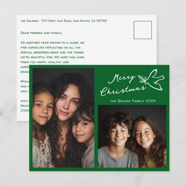 Carte Postale MERRY NOËL Simple Dove CUSTOM 2 PHOTO Holiday (Devant / Derrière)