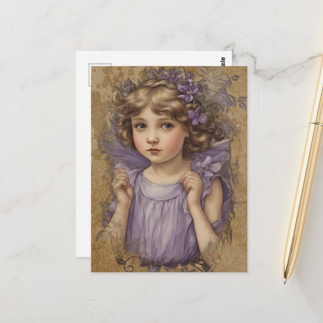 Carte Postale Merveilleuse Fée Vintage et Fleurs Violettes (Devant/Arrière en situation)