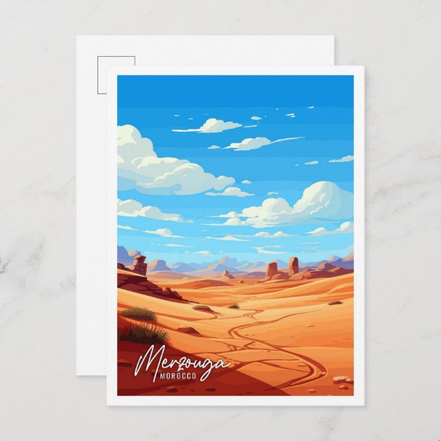 Carte Postale Merzouga Maroc Illustration de voyage artisanale (Devant / Derrière)