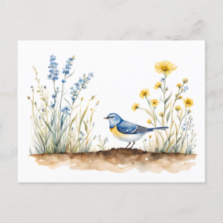 Carte Postale Mésange bleue parmi les fleurs sauvages – Art à l'