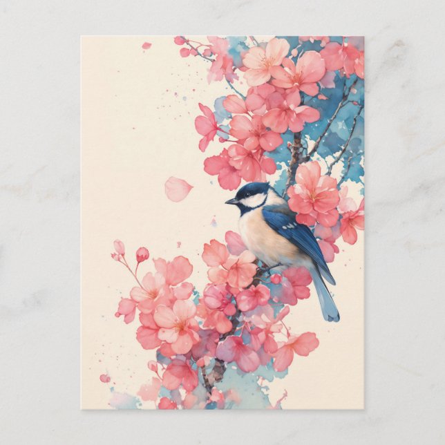 Carte Postale Mésange bleue sur branche de fleurs de cerisier ro (Devant)