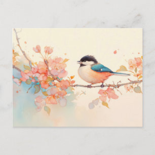 Carte Postale Mésange sur une branche de floraison rose printani