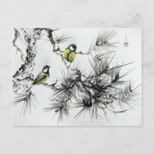 Carte Postale Mésanges aquarelle chinoise
