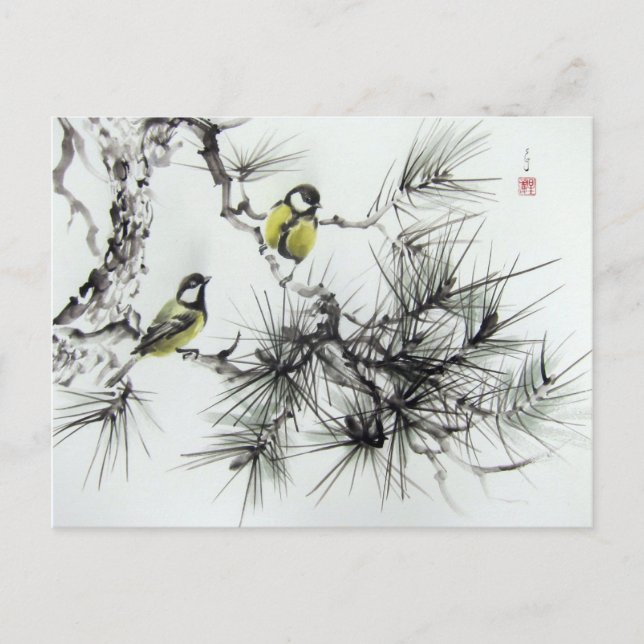 Carte Postale Mésanges aquarelle chinoise (Devant)