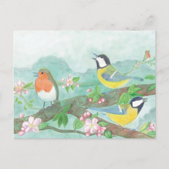 Carte Postale Mésanges chantant sur un arbre en fleurs (Devant)