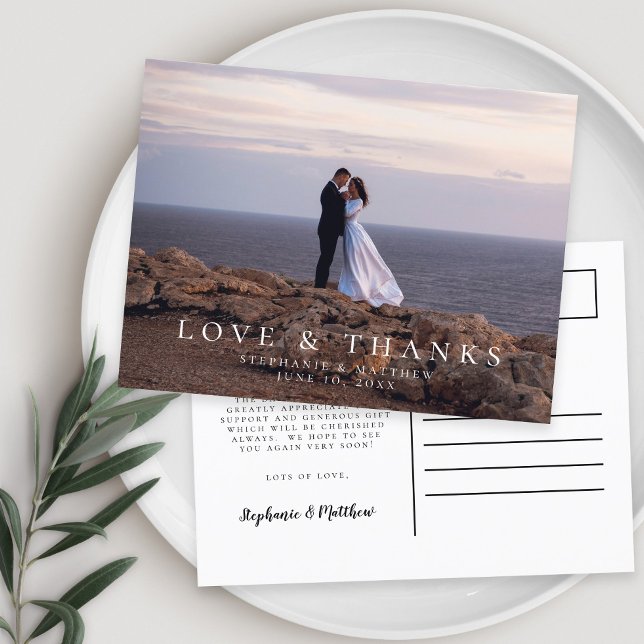 Carte Postale Message d'amour et de remerciement pour des photos (Minimalist Wedding Photo Love & Thanks Message Postcard)