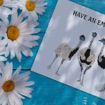 Carte Postale Message personnalisé pour les amateurs d'oiseaux E<br><div class="desc">Le message sur le devant de cette carte postale peut être customisé avec votre propre salutation. Le texte apparaît au-dessus des illustrations de style réaliste de trois emus. Le verso de cette carte postale est vide afin que vous puissiez écrire dans votre propre message.</div>
