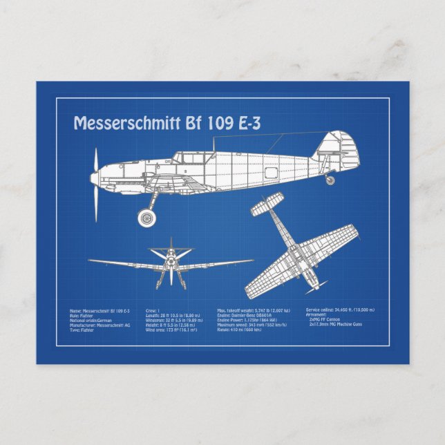 Carte Postale Messerschmitt Bf 109 - Plan d'avion ABD (Devant)
