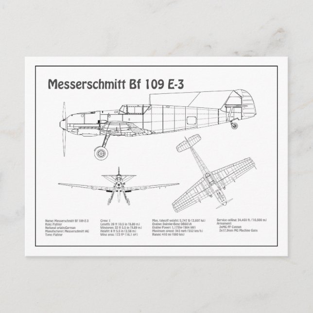 Carte Postale Messerschmitt Bf 109 - Plan d'avion BD (Devant)