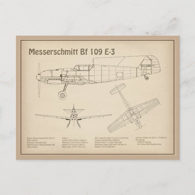 Carte Postale Messerschmitt Bf 109 - Plan directeur de l'avion S (Devant)