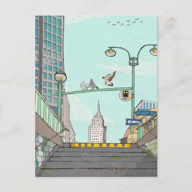 Carte Postale Métro Arrêt Manhattan NYC Illustration Whimsical (Devant)
