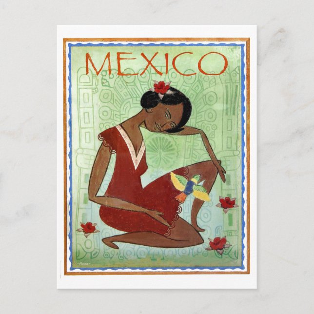 Carte Postale Mexique, art traditionnel mexicain, robe rouge fil (Devant)