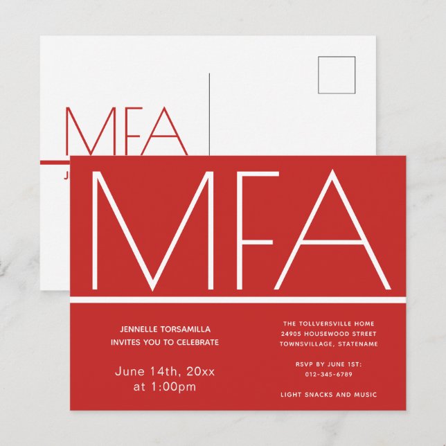 Carte Postale MFA grade Red Graduation Party Invitation (Devant / Derrière)