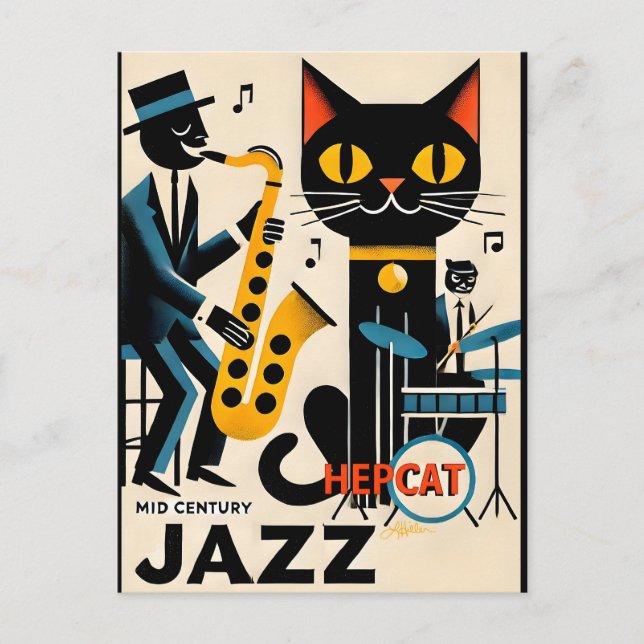 Carte Postale Mi siècle Jazz Age HepCat Chat Noir (Devant)