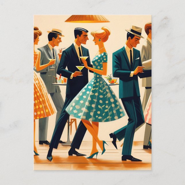 Carte Postale Mi-siècle Moderne Martinis Danser Cocktail Party (Devant)