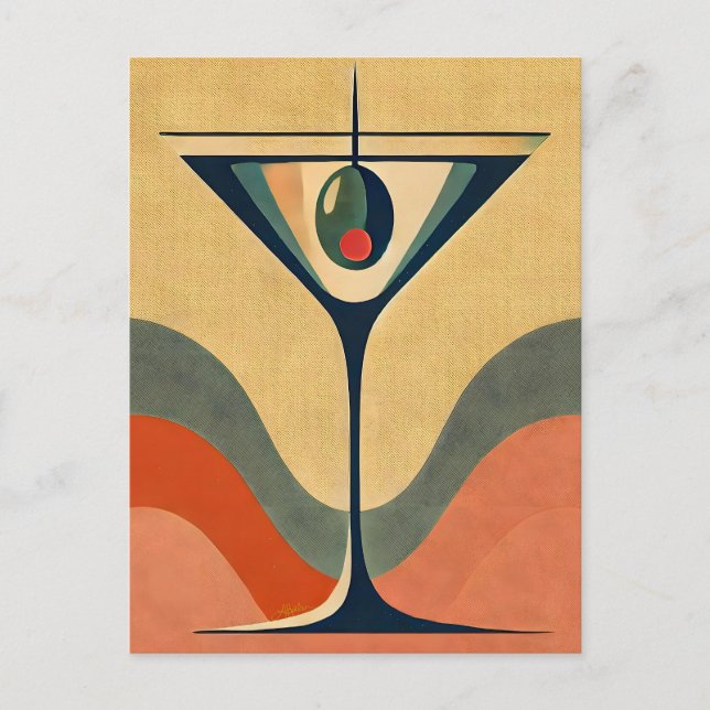 Carte Postale Mi-siècle Moderne "vague de martini à l'olive pime (Devant)