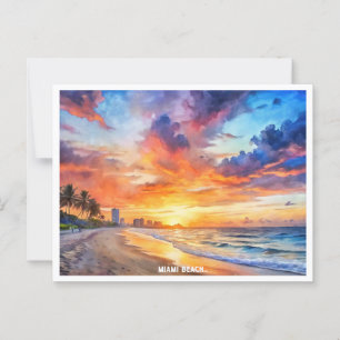 Carte Postale Miami Beach, Floride coucher d'aquarelle de soleil
