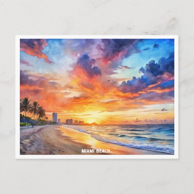 Carte Postale Miami Beach, Floride coucher d'aquarelle de soleil (Devant)
