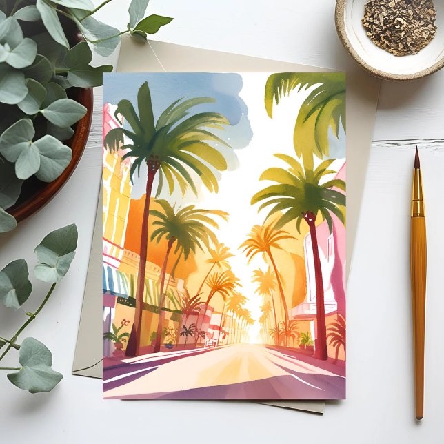 Carte Postale Miami Beach | Peinture aquarelle couleur vive (Créateur téléchargé)