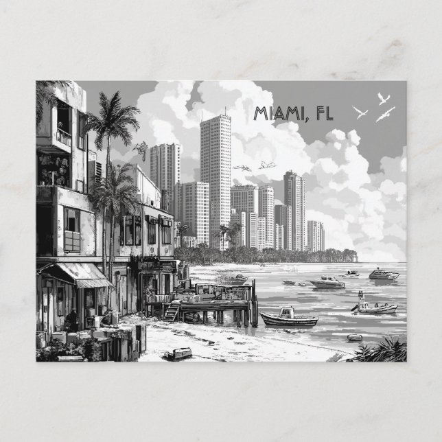 Carte Postale Miami Floride Voyage noir et blanc (Devant)