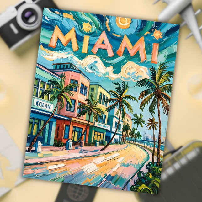 Carte Postale Miami's Ocean Drive Art in Van Gogh's Style Travel (Van Gogh Style Miami painting)