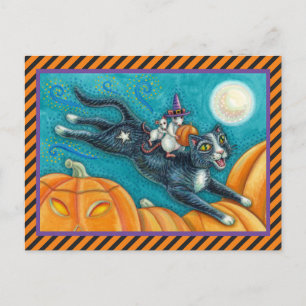 CARTE POSTALE MICE BLANCHE & CHAT NOIR SUR CHASSE HALLOWEEN SCAV
