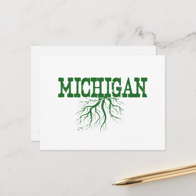 Carte Postale Michigan enraciné avec Green Tree Racines Word Art (Devant/Arrière en situation)