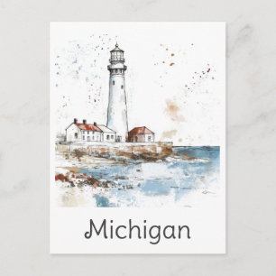 Carte Postale Michigan Phare des Grands Lacs Aquarelle Voyage