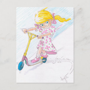 Carte Postale Micro-scooter fille Cartoon mignonne Micro Scooter