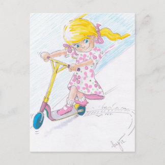Carte Postale Micro-scooter fille Cartoon mignonne Micro Scooter