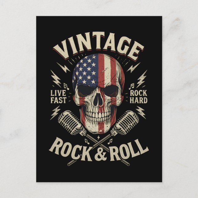 Carte Postale Microphone Ruban Drapeau Américain Crâne Rock Vint (Devant)