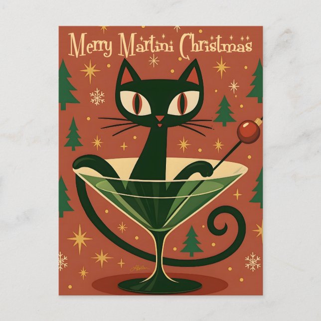 Carte Postale Mid Century Black Cat Merry Martini Christmas (Devant)