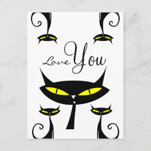 Carte Postale Mid Century Modern 1950s Atomique Chat Noir Love Y