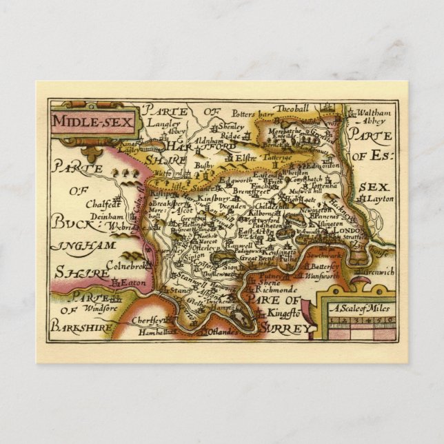 Carte Postale Middlesex Middle Sex Comté Angleterre Old Atlas Ca (Devant)