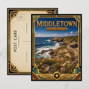 Carte Postale Middletown Rhode Island Art Déco Doré Vintage