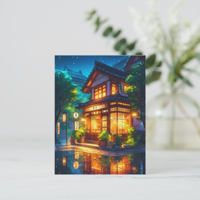 Carte Postale Midnight Matcha – Café Japonais Cozy Lofi (Debout devant)