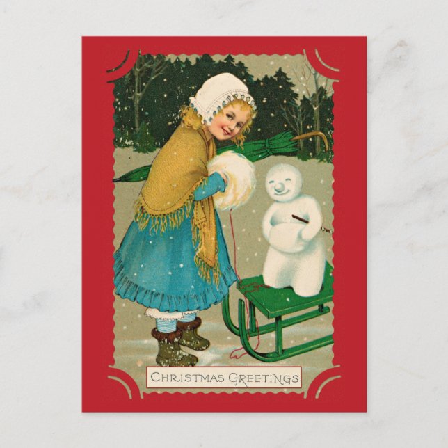 Carte Postale Mignage Vintage Noël Salutations Fille Snowman (Devant)