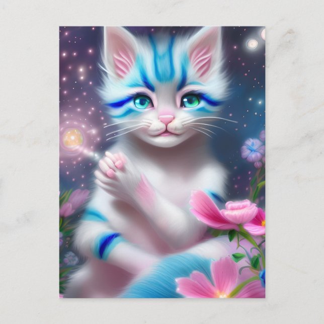 Carte Postale Mignon bébé chaton rayé rose et bleu Kawaii (Devant)