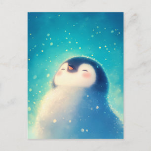 Carte Postale Mignon bébé manchot dans la neige bleue