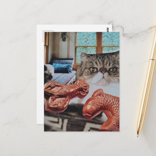 Carte Postale Mignon Chat avec Collage de Homard et de Poisson (Devant/Arrière en situation)
