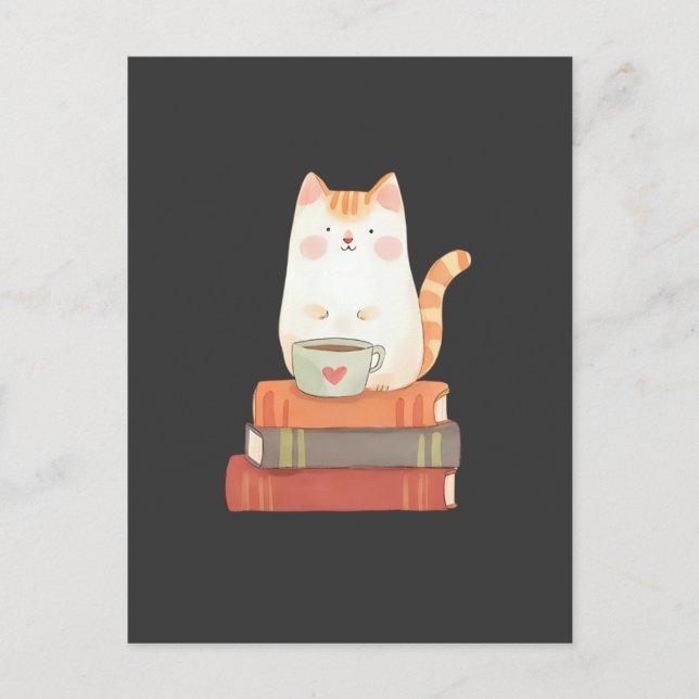 Carte Postale Mignon Chat & Mug Café Pour Amoureux de Livres (Devant)