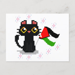 Carte Postale mignon chat noir tient drapeau de la Palestine