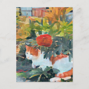 Carte Postale mignon chat sous un buisson fleuri