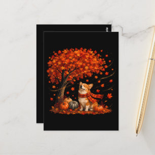 Carte Postale Mignon chien Corgi avec forêt de feuilles d'automn