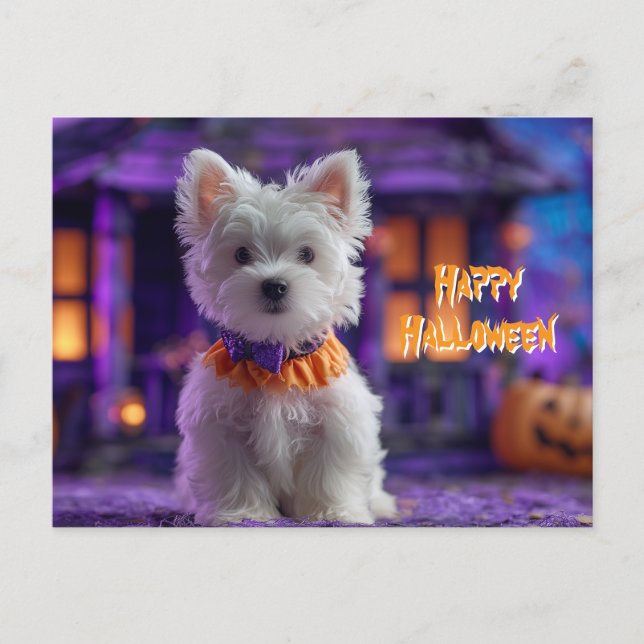 Carte Postale Mignon Chien Joyeux Halloween Maison Hantée (Devant)