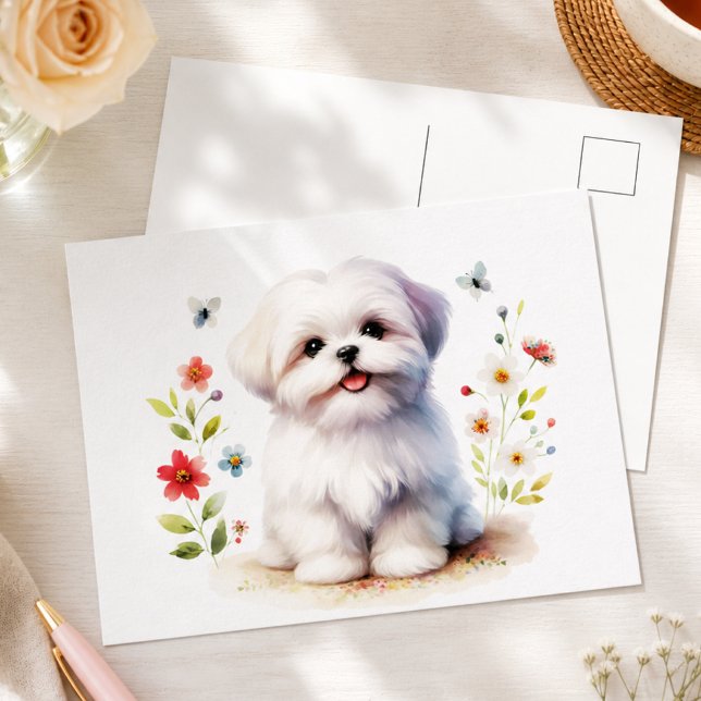 Carte Postale Mignon chiot Shih Tzu floral (shih tzu puppy with back)