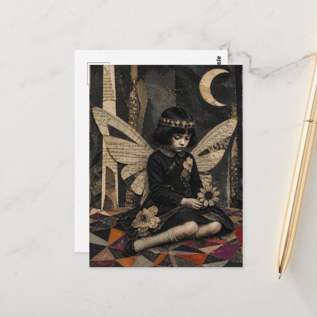 Carte Postale Mignon collage multimédia de fée vintage (Devant/Arrière en situation)