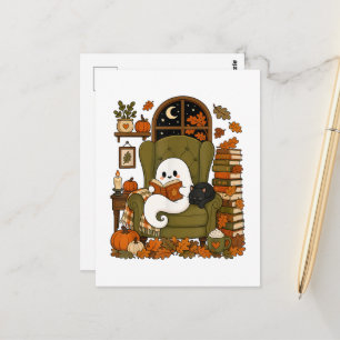 Carte Postale Mignon fantôme lisant un livre Chat noir Automne C