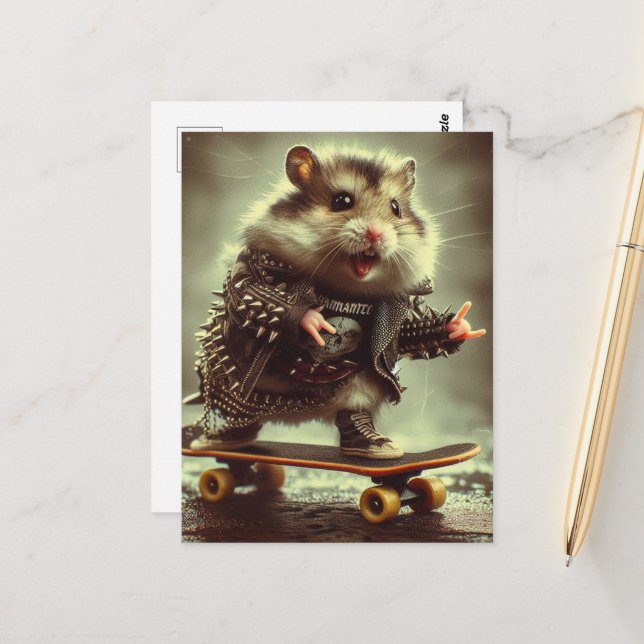 Carte Postale Mignon hamster punk avec veste cloutée faisant du  (Devant/Arrière en situation)
